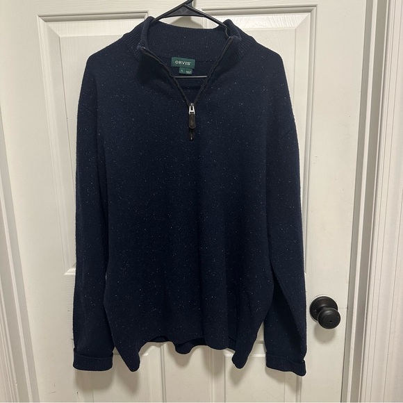 Orvis Sweater Mens  Blue Wool Mock Neck 1/4 Zip Speckled Size Large - Picture 1 of 5